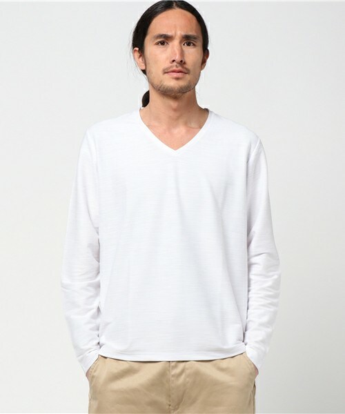 ESSENTIAL GARMENT MEN'S BIGI（エッセンシャルガーメントメンズビギ）の「Vネック長袖Ｔシャツ / スラブインレイ（Tシャツ/カットソー・メンズ・ホワイト/グレー/ネイビー/ピンク・SMALL/MEDIUM/LARGE）」の2枚目の写真