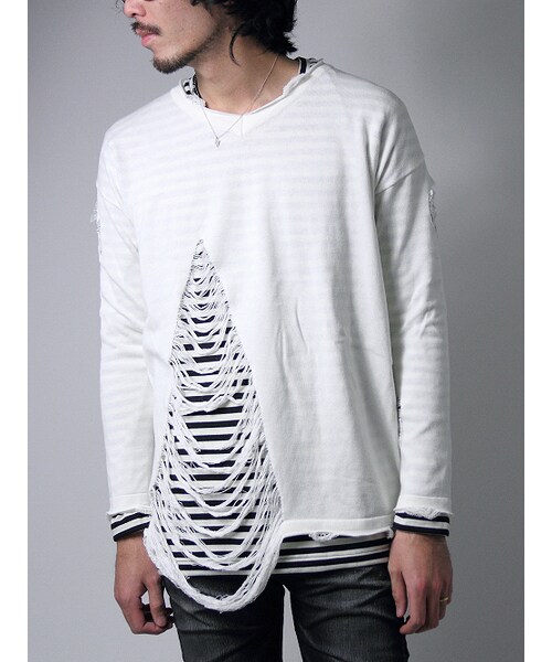 Luv maison（ラブメゾン）の「ダメージニットアンサンブルVネックニット（トップス・メンズ・ブラック/ホワイト・M/L）」の2枚目の写真