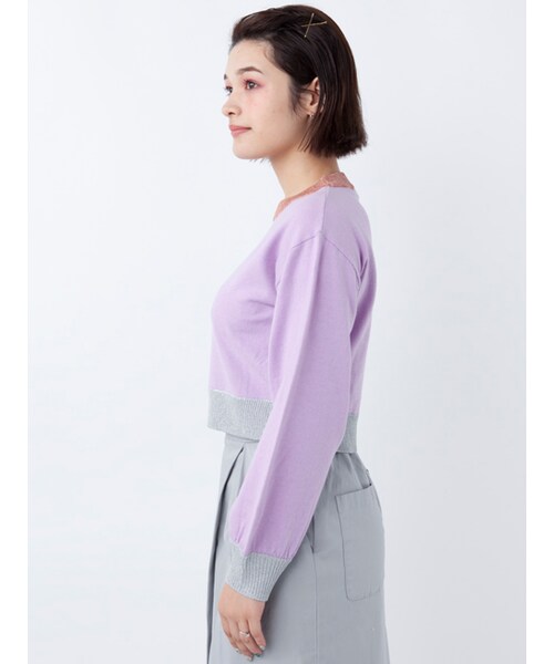 w closet(ダブルクローゼット)の「【S/S】天竺編みリブラメプルオーバー(トップス・レディース・ピンクベージュ/ラベンダー/オフホワイト×ブラック・FREE)」の5枚目の写真