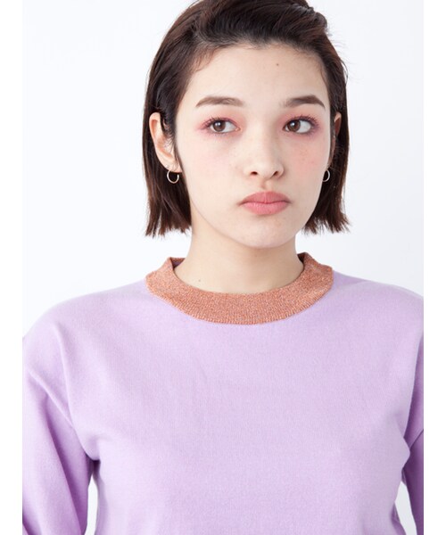 w closet(ダブルクローゼット)の「【S/S】天竺編みリブラメプルオーバー(トップス・レディース・ピンクベージュ/ラベンダー/オフホワイト×ブラック・FREE)」の7枚目の写真