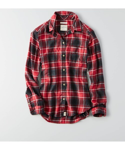 American Eagle（アメリカンイーグル）の「AEOソフトフランネルシャツ（シャツ/ブラウス・レディース・オリーブ/レッド/マルチ・XXS/XS/S/M/L/XL）」の2枚目の写真