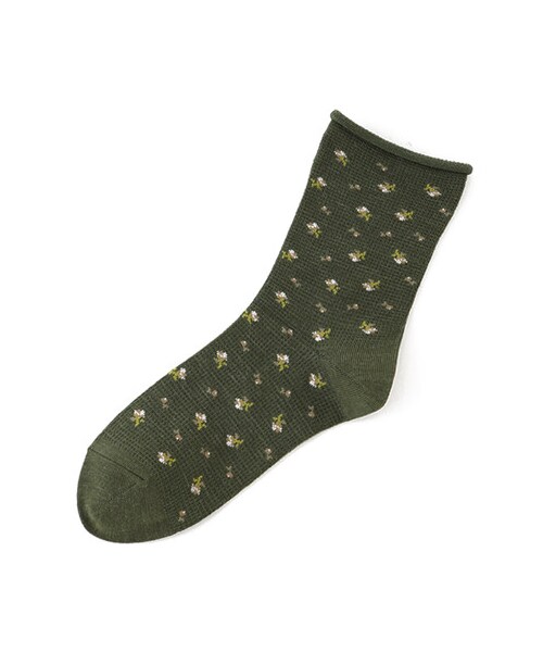 靴下屋（クツシタヤ）の「クルクルワッフル花柄ソックス（ソックス・靴下・レディース・オフホワイト/グレーモク/チャコールモク/シャーベット/カーキ/メイブルー/インディゴブルー・22.0～24.0cm）」の3枚目の写真