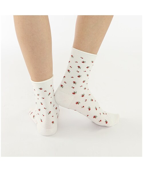 靴下屋（クツシタヤ）の「クルクルワッフル花柄ソックス（ソックス・靴下・レディース・オフホワイト/グレーモク/チャコールモク/シャーベット/カーキ/メイブルー/インディゴブルー・22.0～24.0cm）」の11枚目の写真