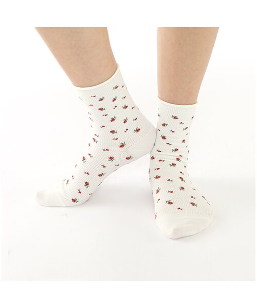 靴下屋（クツシタヤ）の「クルクルワッフル花柄ソックス（ソックス・靴下・レディース・オフホワイト/グレーモク/チャコールモク/シャーベット/カーキ/メイブルー/インディゴブルー・22.0～24.0cm）」の9枚目の写真