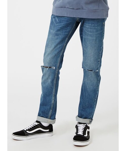 TOPMAN(トップマン)の「Mid Wash Blue Ripped Stretch Slim Jeans(デニムパンツ・メンズ・Blue・28S/30S/32S/34S/28R/30R/32R/34R/36R/38R/30L/32L/34L/36L)」の5枚目の写真