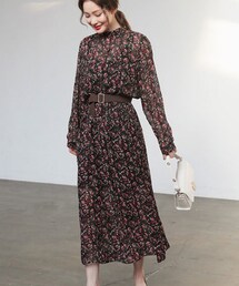 DHOLIC | ネックギャザーウエストマークフラワーワンピース(ワンピース)