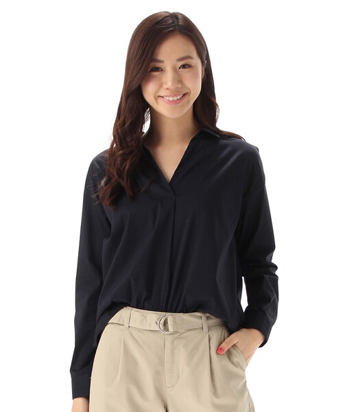 Honeys（ハニーズ）の「スキッパーシャツ（ブラウス・シャツ・レディース・ホワイト/オフ×クロ/ネイビー/カーキ/オフストライプ/オフ×コン・Ｍ/Ｌ）」の6枚目の写真