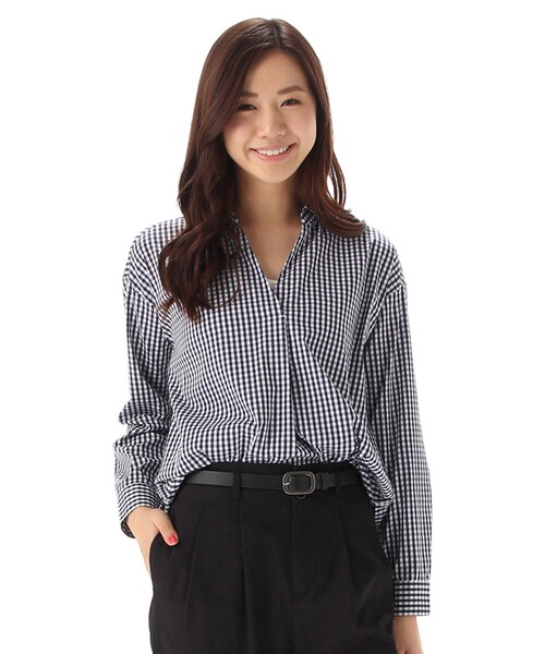 Honeys（ハニーズ）の「スキッパーシャツ（ブラウス・シャツ・レディース・ホワイト/オフ×クロ/ネイビー/カーキ/オフストライプ/オフ×コン・Ｍ/Ｌ）」の4枚目の写真