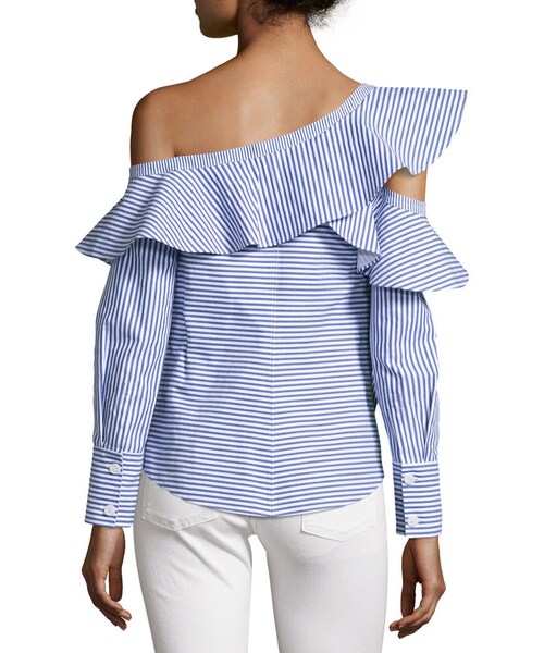 self-portrait（セルフポートレート）の「Self-Portrait Striped Frill Asymmetric Shirt, Navy/White（トップス・レディース・Blue・0/2/4/6/8/10）」の2枚目の写真