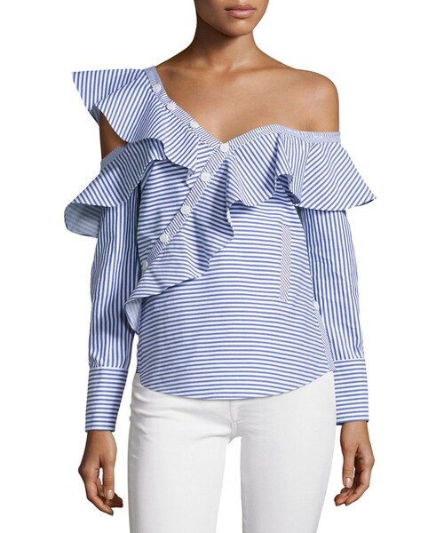 self-portrait（セルフポートレート）の「Self-Portrait Striped Frill Asymmetric Shirt, Navy/White（トップス・レディース・Blue・0/2/4/6/8/10）」の4枚目の写真