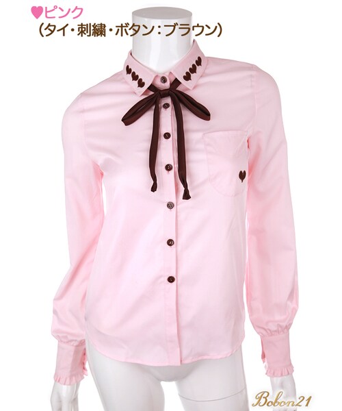 Bobon21（ボボンニジュウイチ）の「ハート刺繍タイリボンブラウス（シャツ/ブラウス・レディース・ホワイト/ピンク・S/M/L）」の2枚目の写真