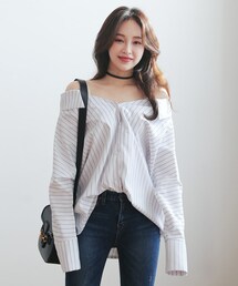 DHOLIC | ストラップオフショルダ―ストライプシャツ(シャツ/ブラウス)