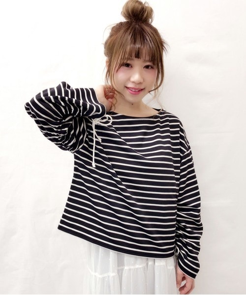 archives（アルシーヴ）の「【Web限定】シャーリングスリーブトップス（Tシャツ/カットソー・レディース・ホワイト×ブラック/ブラック×ホワイト/グレー/ピンク・MEDIUM）」の2枚目の写真