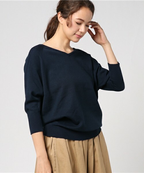 INTERPLANET WINGS（インタープラネットウィング）の「ウォッシャブルVネック7分袖ニット（ニット/セーター・レディース・オフホワイト/グレー/ミント/ネイビー/ピンク・FREE）」の4枚目の写真