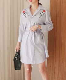 DHOLIC | ベルトSETフラワー刺繍ストライプシャツワンピース(ワンピース)