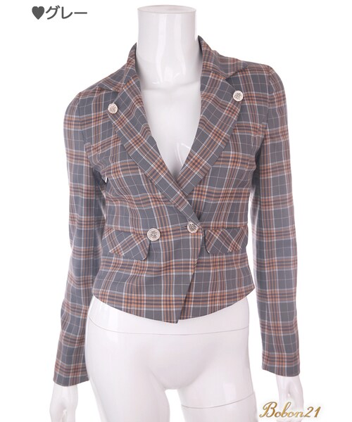 Bobon21（ボボンニジュウイチ）の「お嬢様チェック柄テーラードジャケット（テーラードジャケット・レディース・ピンク/レッド/グレー・S/M/L）」の2枚目の写真
