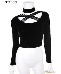 Bobon21 | クロスネックベロアトップスチョーカー付(Tシャツ/カットソー)