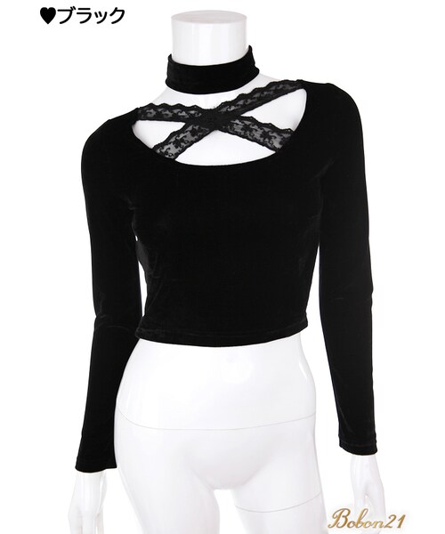 Bobon21（ボボンニジュウイチ）の「クロスネックベロアトップスチョーカー付（Tシャツ/カットソー・レディース・グレー/ブラック/ピンク・S/M/L）」の2枚目の写真