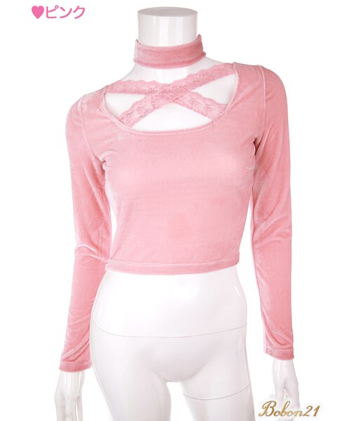 Bobon21（ボボンニジュウイチ）の「クロスネックベロアトップスチョーカー付（Tシャツ/カットソー・レディース・グレー/ブラック/ピンク・S/M/L）」の3枚目の写真