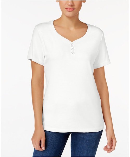 Karen Scott(カレンスコット)の「Karen Scott Henley T-Shirt, Only at Macy's(Tシャツ/カットソー・レディース・White/Brown/Yellow/Black/Green/Purple/Beige/Red/Blue/Pink・XS/S/M/L/XL/XXL)」の1枚目の写真