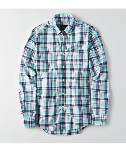 American Eagle（アメリカンイーグル）の「AEOポプリンプラッドシャツ（シャツ/ブラウス・メンズ・ミント/ライトブルー/ピンク/ブルー・XS/S/M/L/XL/XXL/XXXL）」の4枚目の写真