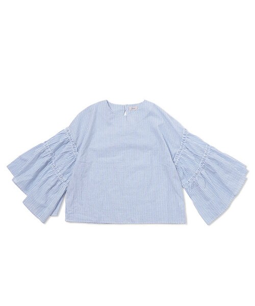 flower（フラワー）の「stripe frill blouse ～ｽﾄﾗｲﾌﾟﾌﾘﾙﾌﾞﾗｳｽ（シャツ/ブラウス・レディース・white/blue・FREE）」の2枚目の写真