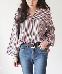 DHOLIC | ワイドスリーブVネックストライプブラウス(シャツ/ブラウス)
