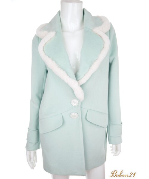 Bobon21（ボボンニジュウイチ）の「襟ファー羊毛混チェスターコート（チェスターコート・レディース・ブルー/グリーン・S/M）」の2枚目の写真