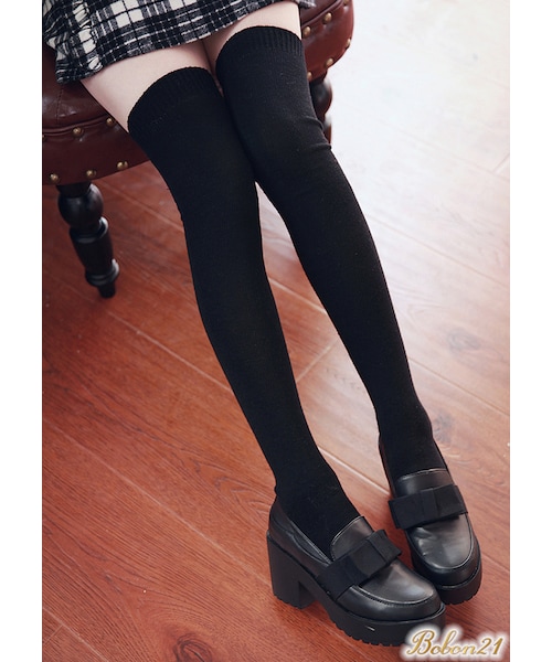 Bobon21（ボボンニジュウイチ）の「羊毛混ニーハイソックス（ソックス/靴下・レディース・ネイビー/ブラック/グレー・22-22.5cm）」の2枚目の写真