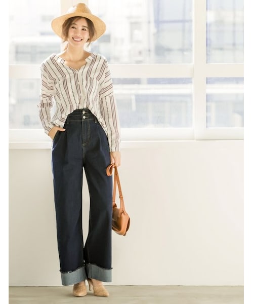 Re:EDIT（リエディ）の「ハイウエストワイドデニム[2017春夏新作]（パンツ・レディース・ダークブルー/ライトブルー・S/M）」の2枚目の写真