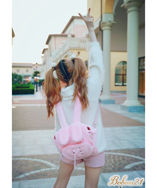 Bobon21（ボボンニジュウイチ）の「うさ耳&ハートレースアップもこもこファーリュック（バックパック/リュック・レディース・パープル/ピンク・F）」の2枚目の写真