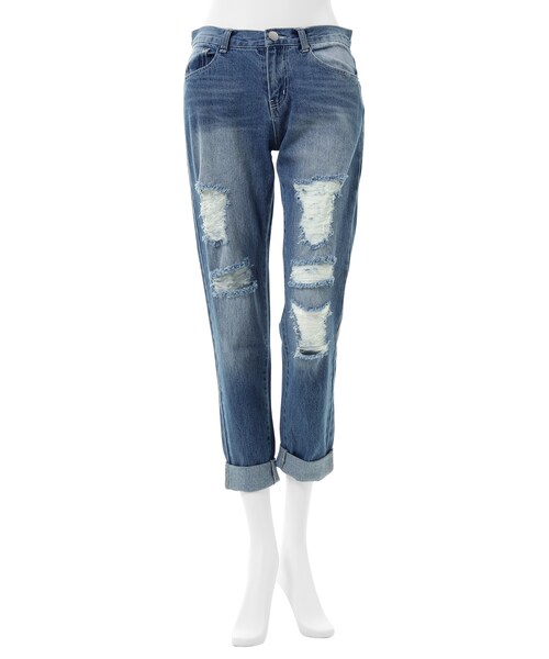 GRL（グレイル）の「クラッシュボーイズデニムパンツ（デニムパンツ・レディース・ブルー/ネイビー/ライトブルー・S）」の2枚目の写真