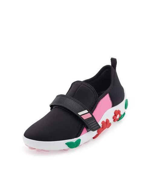 Prada,Prada Neoprene Flower-Heel Sneaker, Black/Pink - WEAR