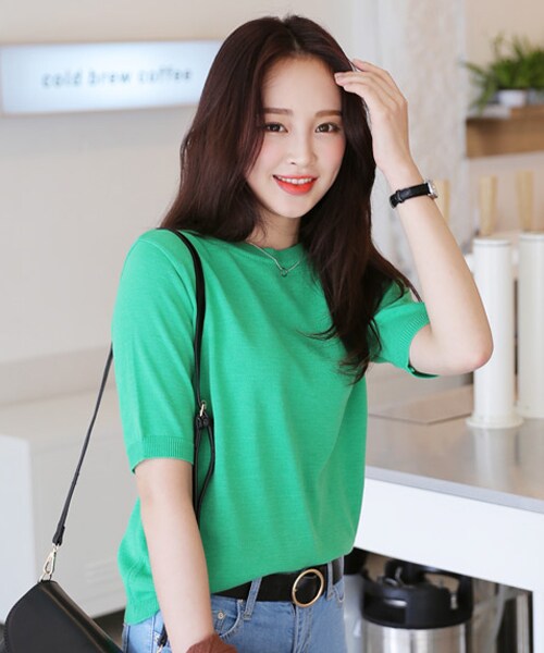 DHOLIC（ディーホリック）の「6COLORSショートスリーブニットTシャツ（Tシャツ/カットソー・レディース・FREE）」の4枚目の写真