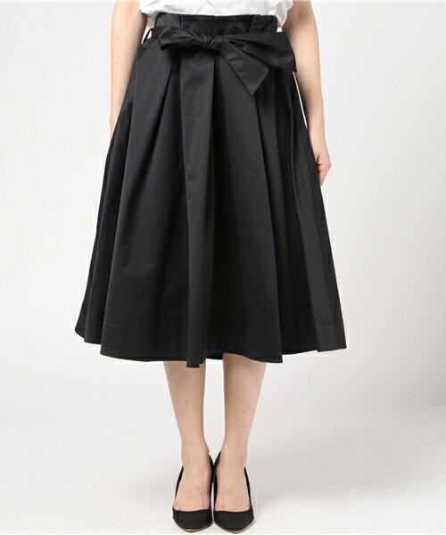 INTERPLANET（インタープラネット）の「リボン付タックフレアミディ丈スカート（スカート・レディース・ブラック/オリーブ/ブルー・FREE）」の4枚目の写真