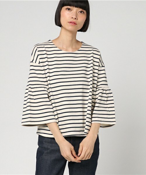 INTERPLANET（インタープラネット）の「フレアスレーブボーダーカットソー（Tシャツ/カットソー・レディース・オフホワイト/ブラック・FREE）」の2枚目の写真