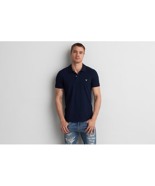 American Eagle（アメリカンイーグル）の「AEOフレックスピケポロ（ポロシャツ・メンズ・ブラック/スクリメージヘザー/ホワイト/ブルー/マラケシュレッド・XS/S/M/L/XL/XXL/XXXL）」の3枚目の写真