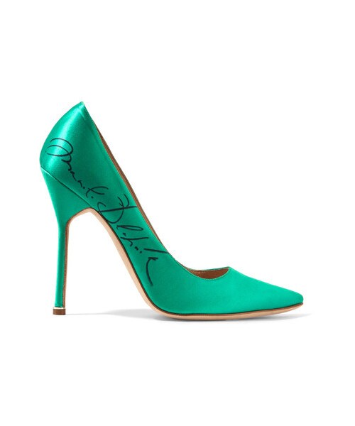emerald green satin pumps