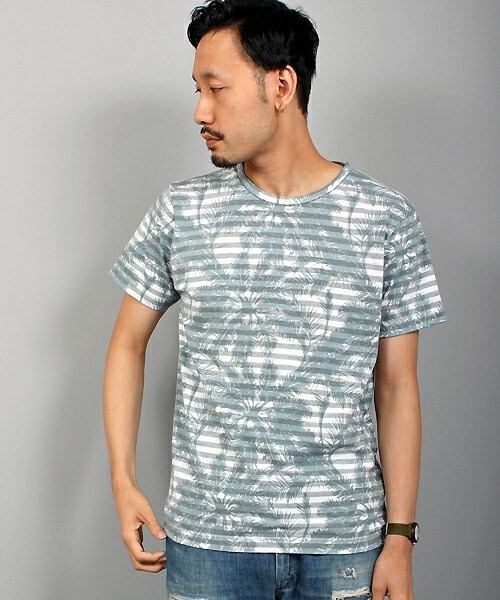 MIND BLOW(マインドブロウ)の「リーフ柄プリントボーダーTシャツ(Tシャツ/カットソー・メンズ・ホワイト×グレー/ホワイト×ネイビー・M/L)」の8枚目の写真