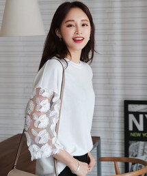 DHOLIC | フラワーレーススリーブTシャツ(Tシャツ/カットソー)