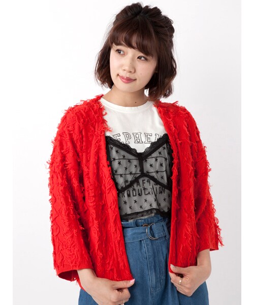 w closet（ダブルクローゼット）の「フリンジ編みカーディガン（トップス・レディース・Lピンク/サックス/レッド・FREE）」の4枚目の写真