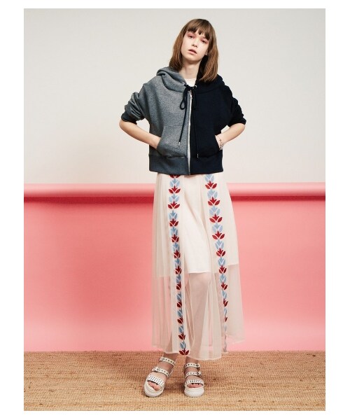 ファーファー furfur ロングスカート サイズF ネイビー×マルチ レディース プリーツ ボトムス PHILLY ブラックフリルロングスカート Fサイズ シアーフリルティアード