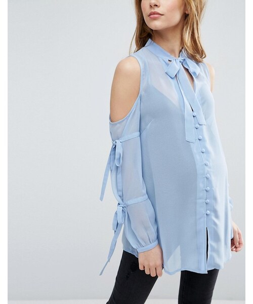 asos（エイソス）の「ASOS Maternity Pussy Bow Blouse with Cold Shoulder and Tie Sleeve（マタニティウェア/グッズ・レディース・Blue・US 2/US 6/US 8/US 4/US 14/US 10/US 12/US 16）」の3枚目の写真