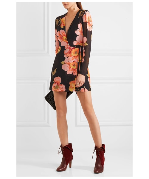 The Reformation（ザ リフォメーション）の「Reformation - Floral-print Georgette Wrap Mini Dress - Black（ワンピース・レディース・black・x small）」の4枚目の写真