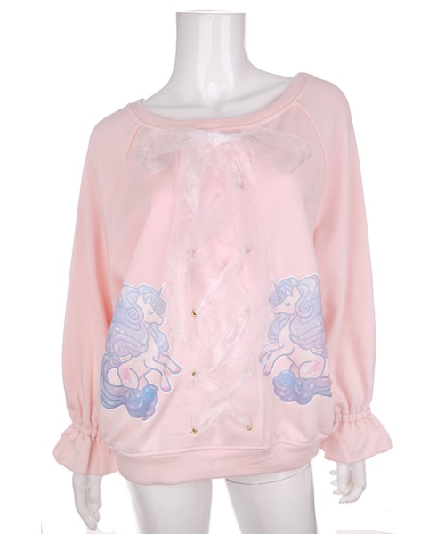 Bobon21（ボボンニジュウイチ）の「ユニコーンレースアップトップス（スウェット・レディース・白/ピンク/パープル・S/M）」の3枚目の写真
