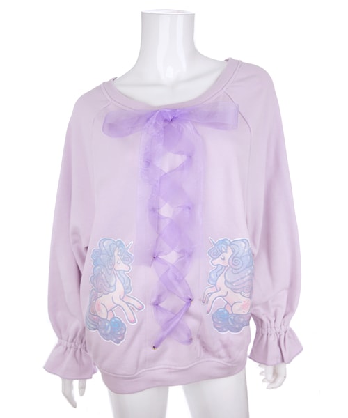 Bobon21（ボボンニジュウイチ）の「ユニコーンレースアップトップス（スウェット・レディース・白/ピンク/パープル・S/M）」の2枚目の写真