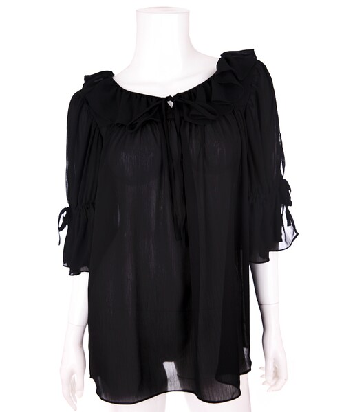 Bobon21（ボボンニジュウイチ）の「フリル襟ベルスリチュニックトップス（シャツ/ブラウス・レディース・ブルー/ブラック・F）」の2枚目の写真