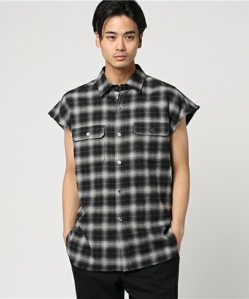 DIET BUTCHER(ダイエットブッチャー)の「DIET BUTCHER SLIM SKIN チェックオーバーサイズスリーブレスシャツ(シャツ/ブラウス・メンズ・ブラック・2)」の1枚目の写真