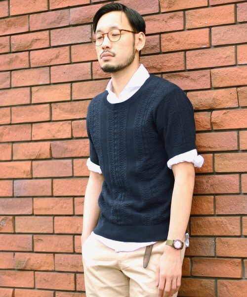 ESSENTIAL GARMENT MEN'S BIGI（エッセンシャルガーメントメンズビギ）の「クルーネック ケーブルニット（半袖）/コットン セーター（ニット/セーター・メンズ・ホワイト/ネイビー/ターコイズブルー・S/M/L）」の12枚目の写真