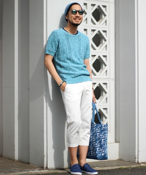 ESSENTIAL GARMENT MEN'S BIGI（エッセンシャルガーメントメンズビギ）の「クルーネック ケーブルニット（半袖）/コットン セーター（ニット/セーター・メンズ・ホワイト/ネイビー/ターコイズブルー・S/M/L）」の14枚目の写真